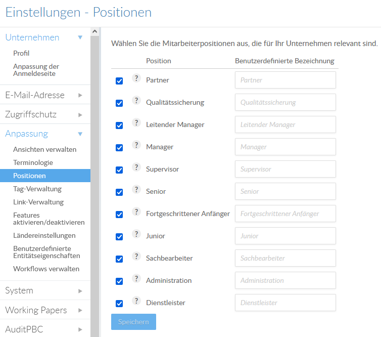 The Positions section of the Settings page.