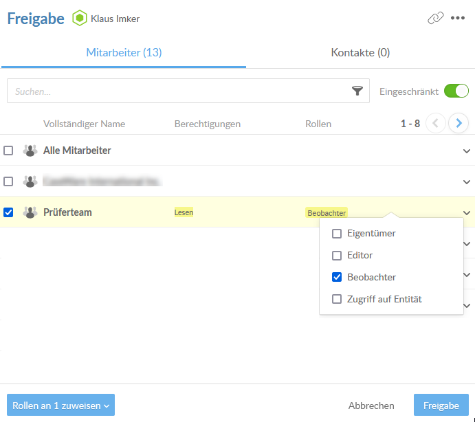 As you select roles for this user, the roles and permissions are displayed with a yellow background to indicate what the user will receive once you share the entity.