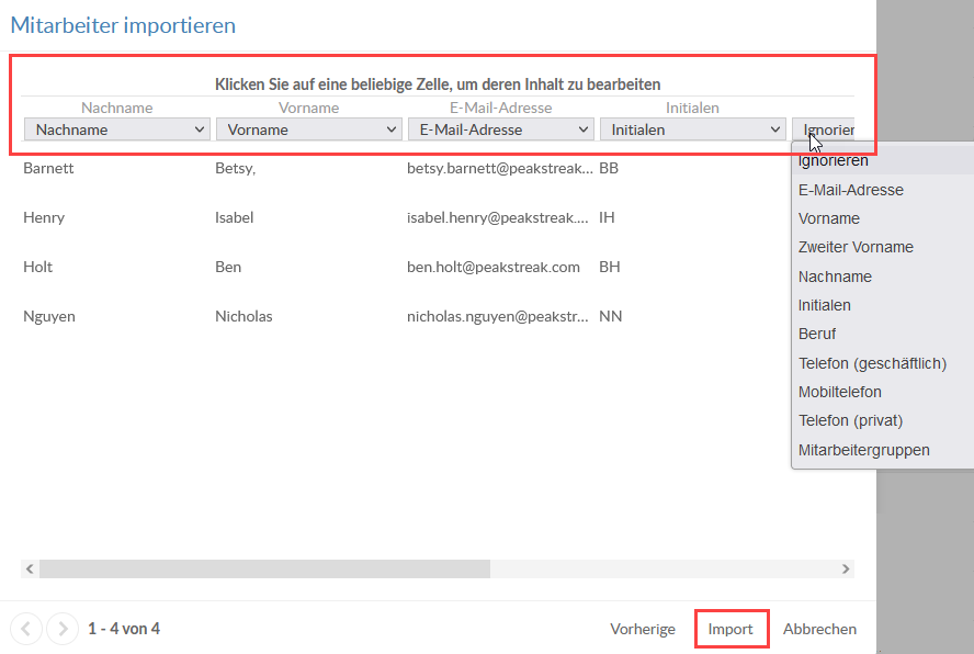 Map the columns of your staff import list to complete the process