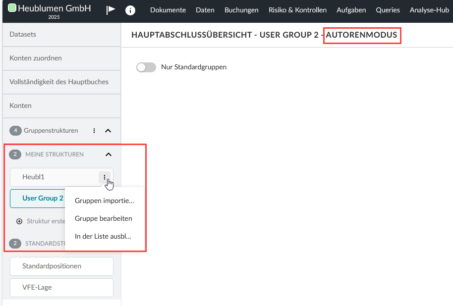 The Trial Balance group structures view in Authoring Mode with the "more actions" menu open showing Import Groups, Edit Group, and Hide from List.