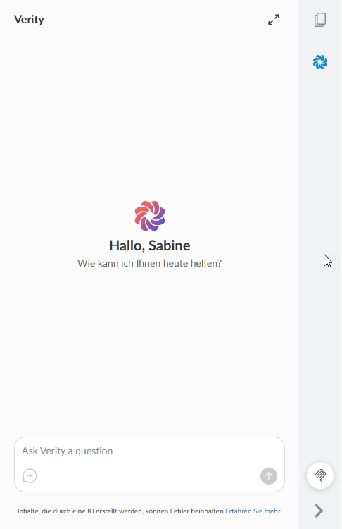 The Caseware Verity chat panel open in an engagement sidebar, showing the Caseware Verity logo, a greeting, and an Ask Caseware Verity a question text input at the bottom.