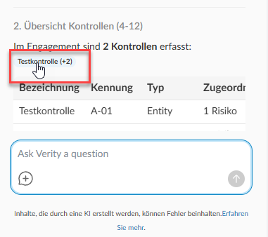 The Caseware Verity chat panel showing a response with citation chips at the bottom. A citation chip is selected, revealing a preview of the source passage.