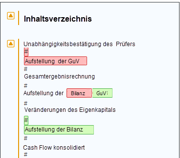 An example comparison between two versions of a table of contents.