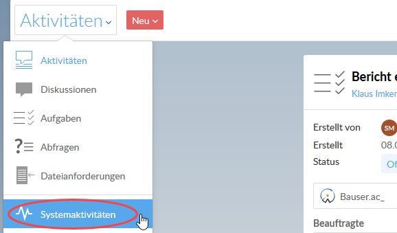 Activities drop-down dispolaying System Activities