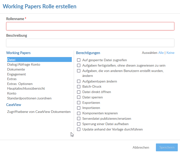 The Create Working Papers Role dialog. Permission categories are displayed on the left, and permissions are displayed on the right.