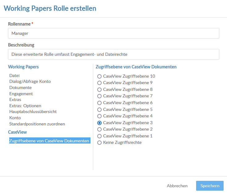Select one of the CaseView documents access levels to grant it to your security role.