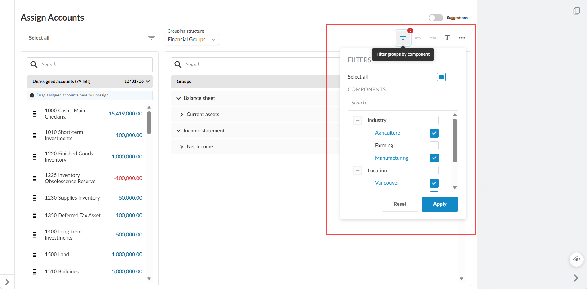 The FILTERS panel on the Assign Accounts page, with components selected under Industry and Location.
