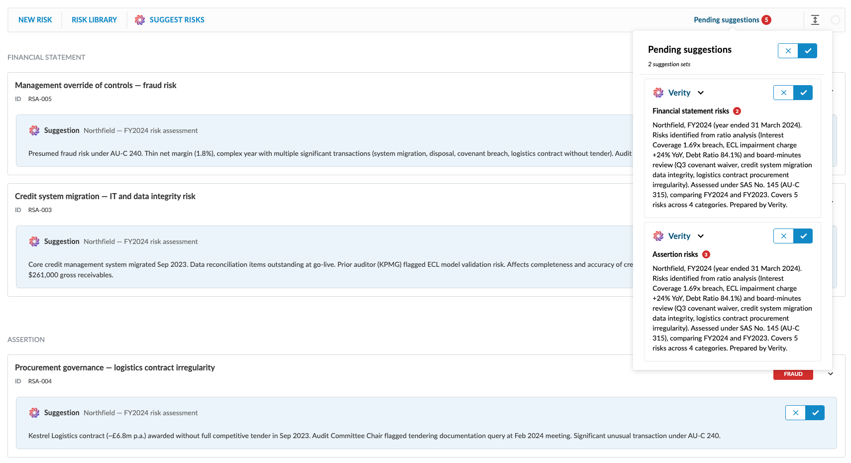The Pending suggestions dropdown opened with a list of proposed risks to approve or reject.