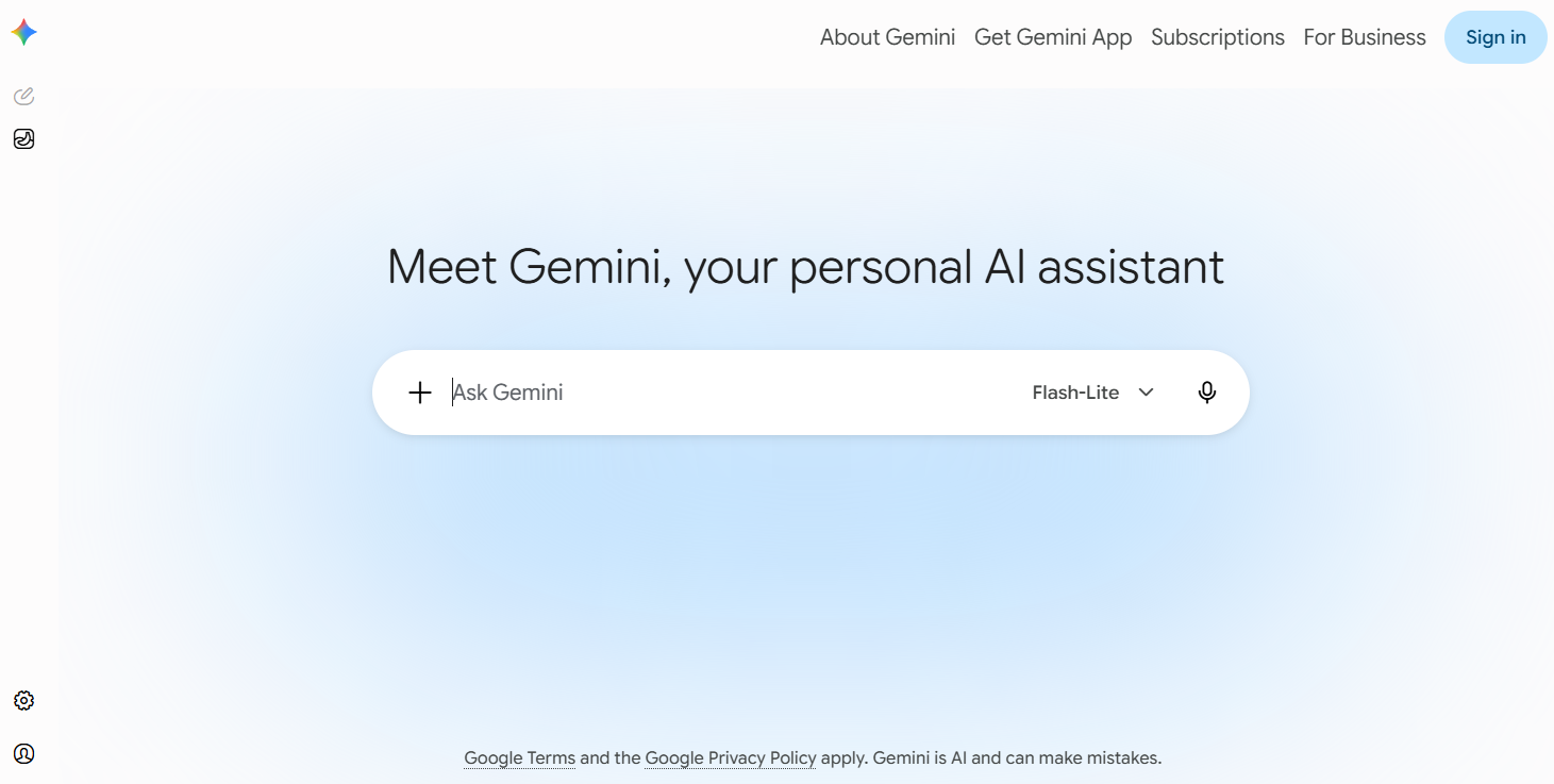 Google Gemini web interface, a standalone AI assistant