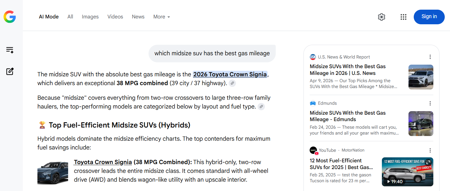 Google AI Mode answering a car shopper's question in a conversational search interface
