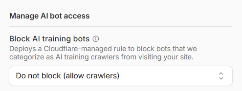 Cloudflare Manage AI bot access setting showing Do not block allow crawlers