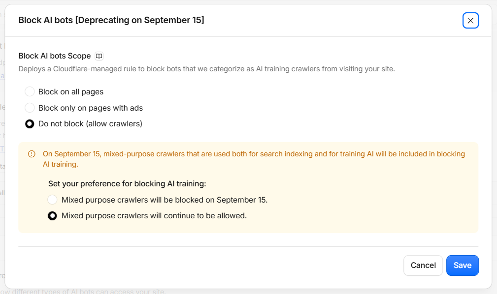 Cloudflare Block AI bots dialog showing Do not block and Mixed purpose crawlers will continue to be allowed selected
