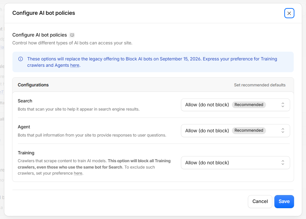 Cloudflare Configure AI bot policies dialog with Search, Agent and Training all set to Allow do not block
