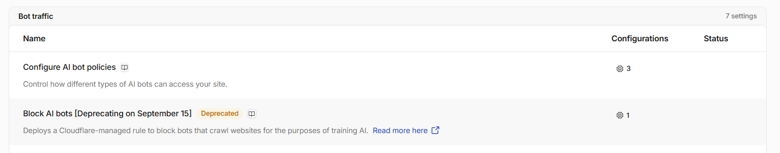 Cloudflare Security Settings Bot traffic section showing Configure AI bot policies and Block AI bots