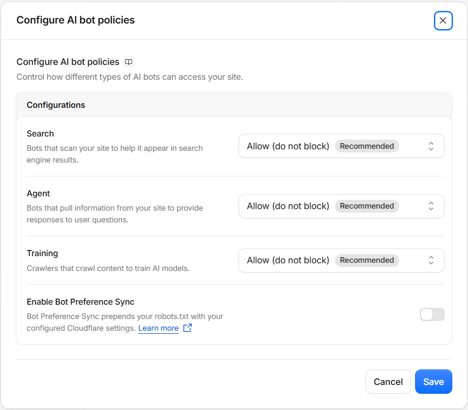 Cloudflare Configure AI bot policies dialog with Search, Agent and Training each set to Allow (do not block) and the Enable Bot Preference Sync toggle below them