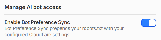Cloudflare Manage AI bot access card with the Enable Bot Preference Sync toggle switched on