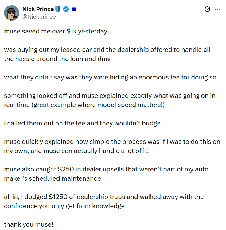 Nick Prince's post on X: Muse saved him over $1k buying out his leased car, flagging a hidden dealership fee and $250 in dealer upsells; all in, $1,250 of dealership traps dodged.