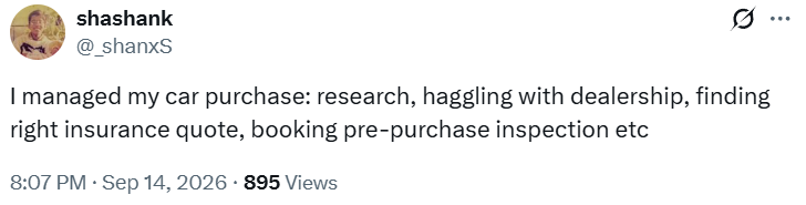 shashank's post on X: I managed my car purchase with Muse - research, haggling with the dealership, finding the right insurance quote, booking a pre-purchase inspection. September 14, 2026.