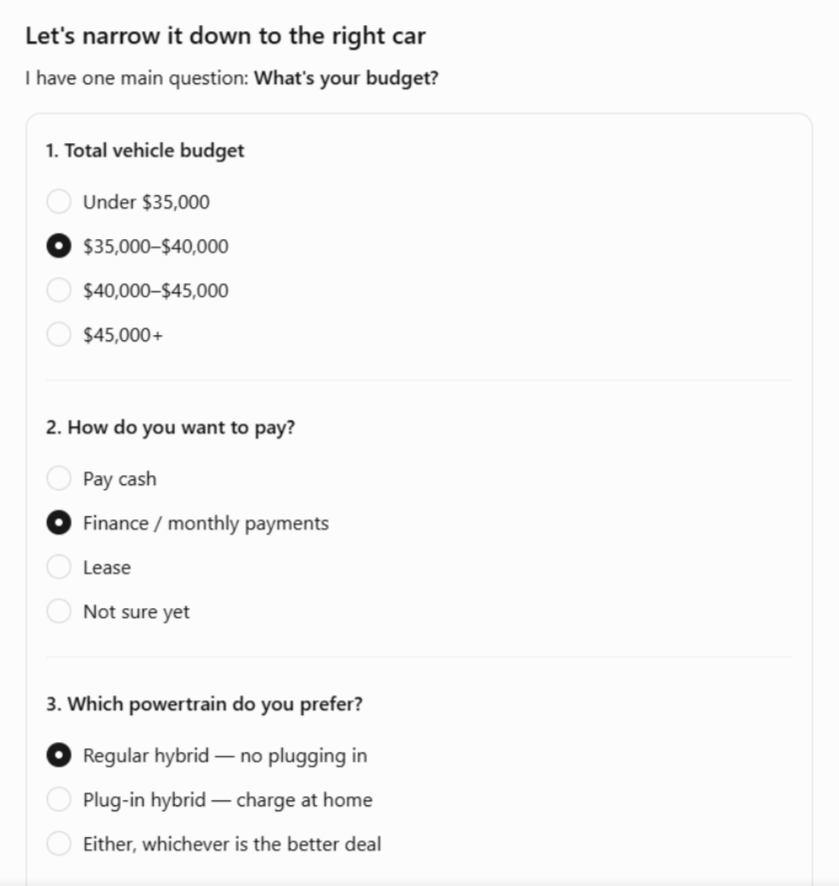 Live ChatGPT screenshot with a car shopper questionnaire offering selectable vehicle budget, payment method, and powertrain options.