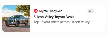 ChatGPT sponsored ad card for Toyota Sunnyvale, with a pickup truck photo, the headline Silicon Valley Toyota Deals, and a visible Ad label.