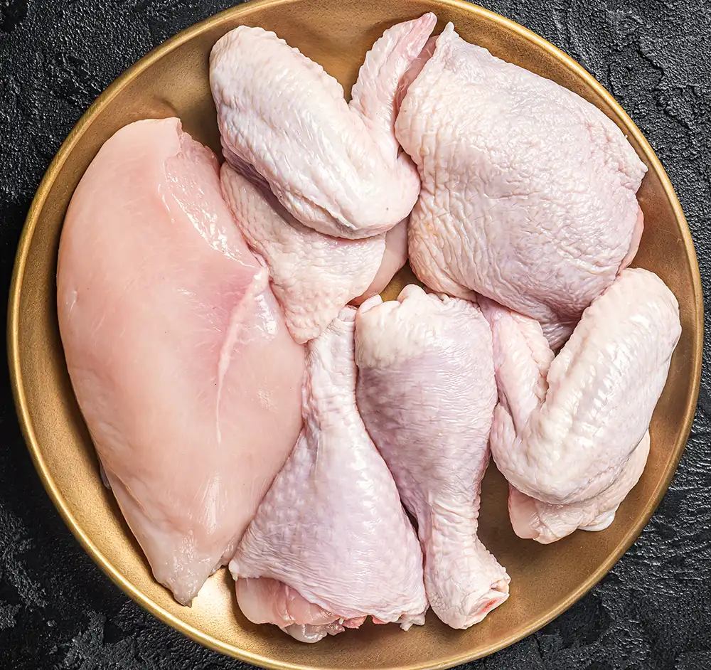 Raw chicken meat on a plate.