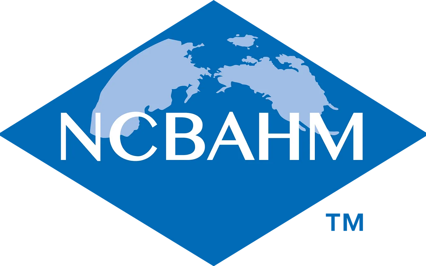 NCBAHM logo with white letters over a blue diamond background featuring a partial world map in light blue.
