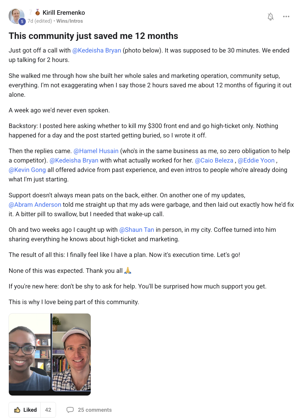 Kirill Eremenko's post in the ACQ Vantage community: This community just saved me 12 months