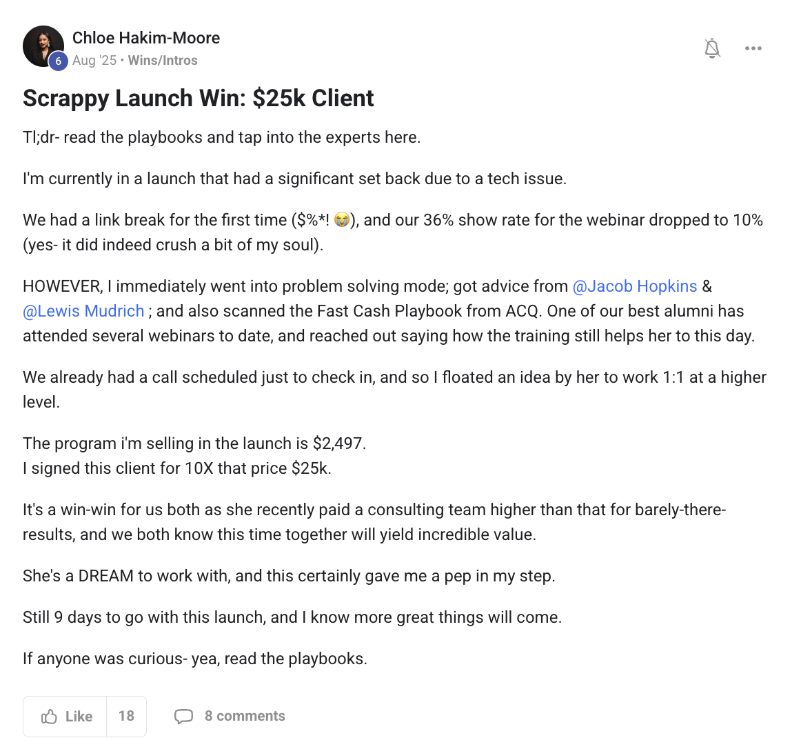 Chloe Hakim-Moore's post in the ACQ Vantage community: Scrappy Launch Win, $25k client