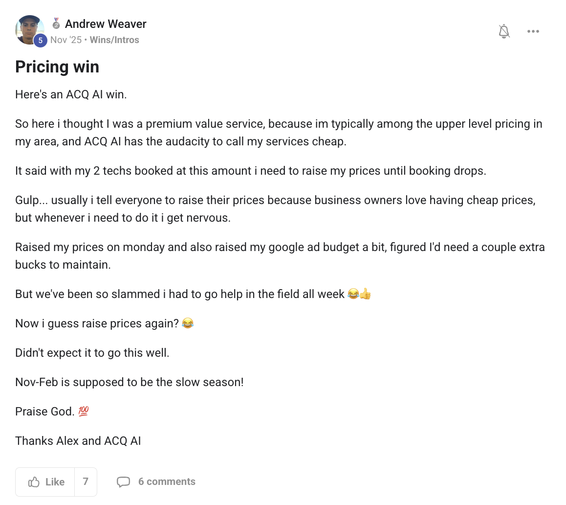 Andrew Weaver's post in the ACQ Vantage community: Pricing win