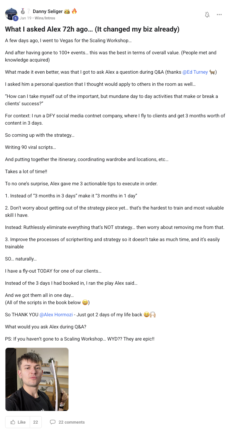 Danny Seliger's post in the ACQ Vantage community: What I asked Alex 72h ago