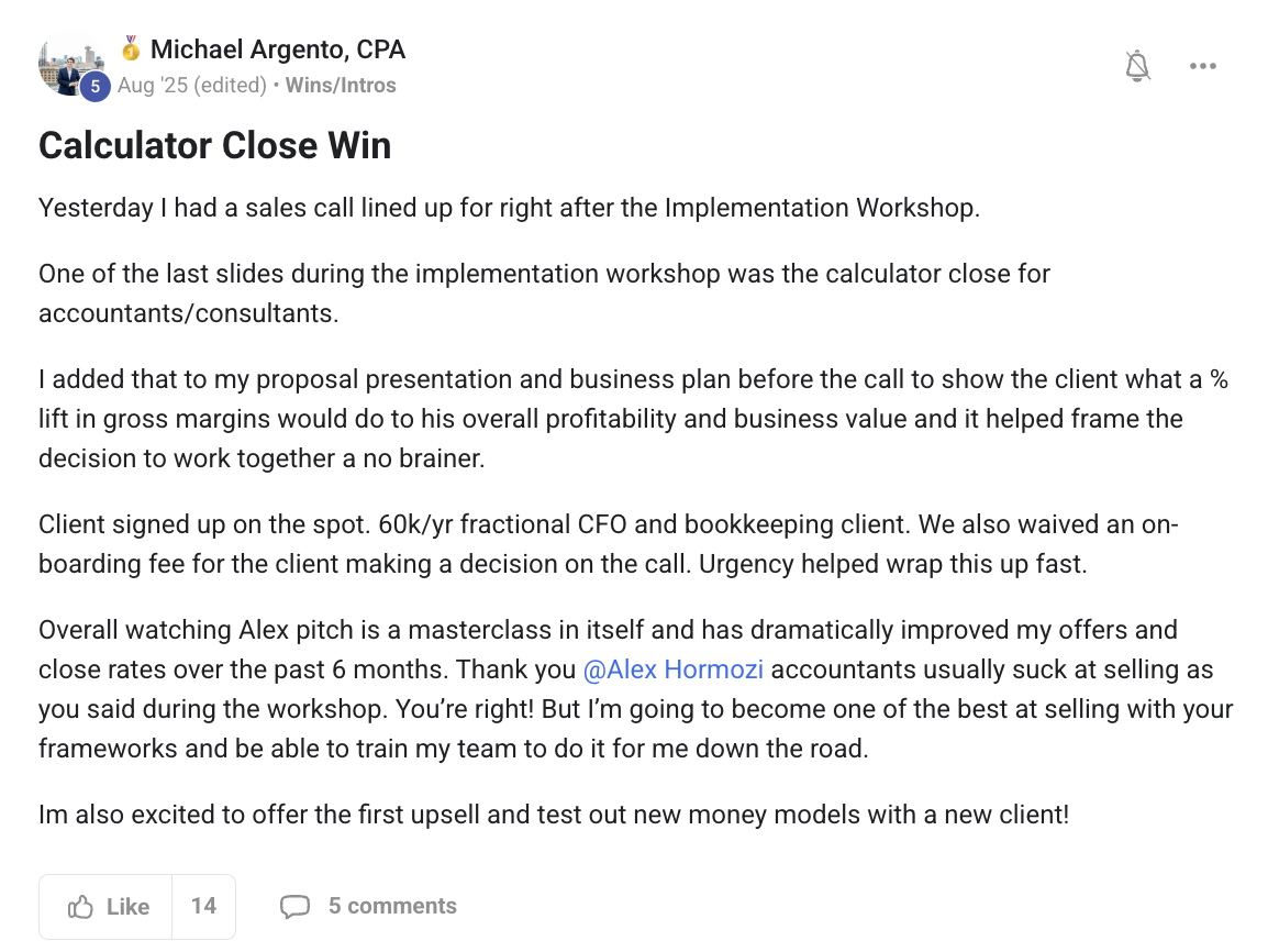 Michael Argento's post in the ACQ Vantage community: Calculator Close Win