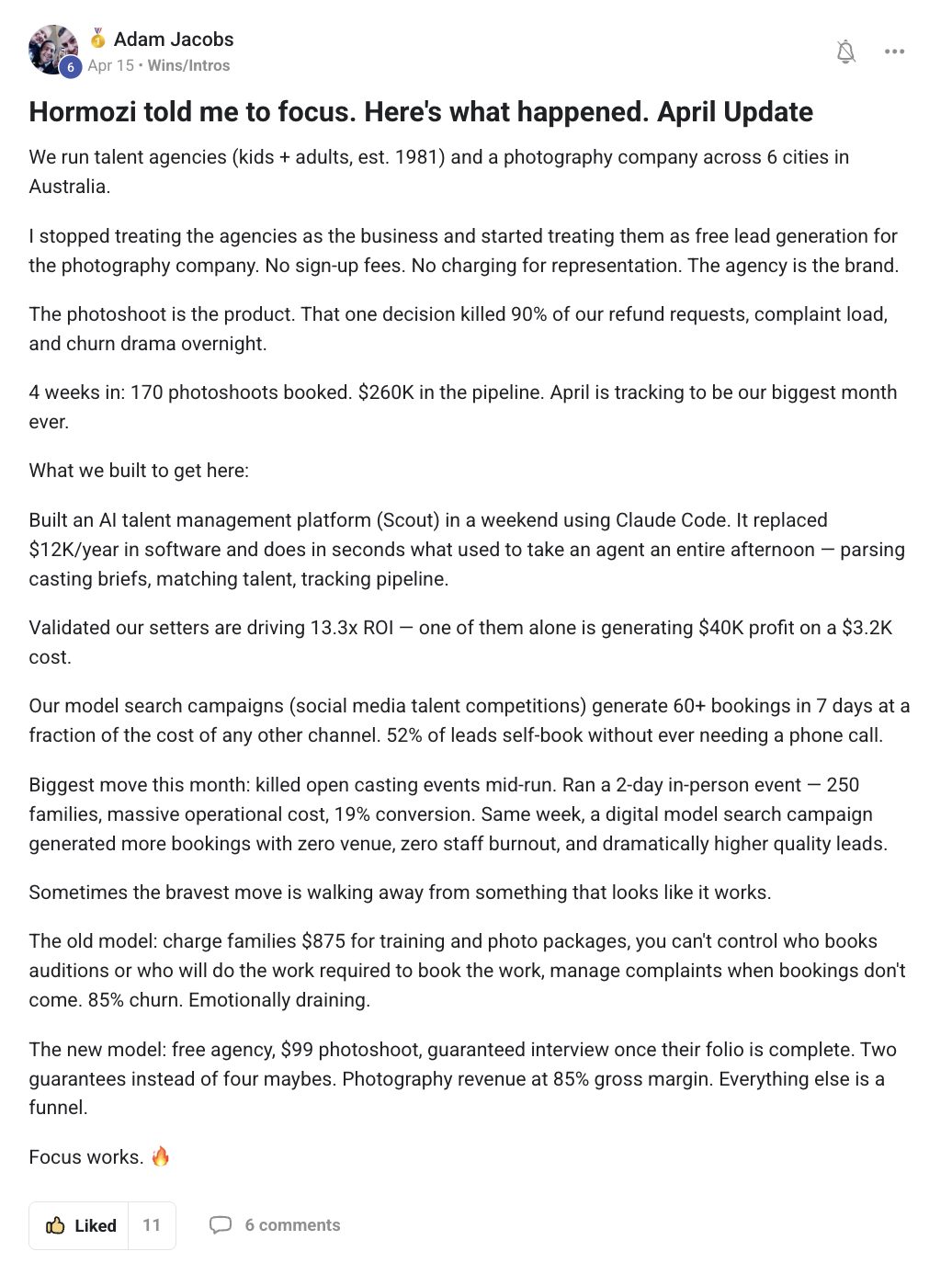 Adam Jacobs' post in the ACQ Vantage community: Hormozi told me to focus