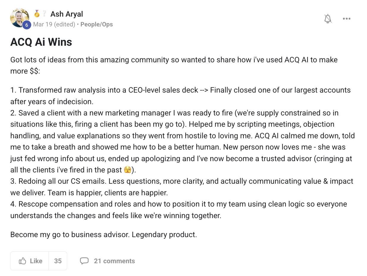 Ash Aryal's post in the ACQ Vantage community: ACQ AI Wins