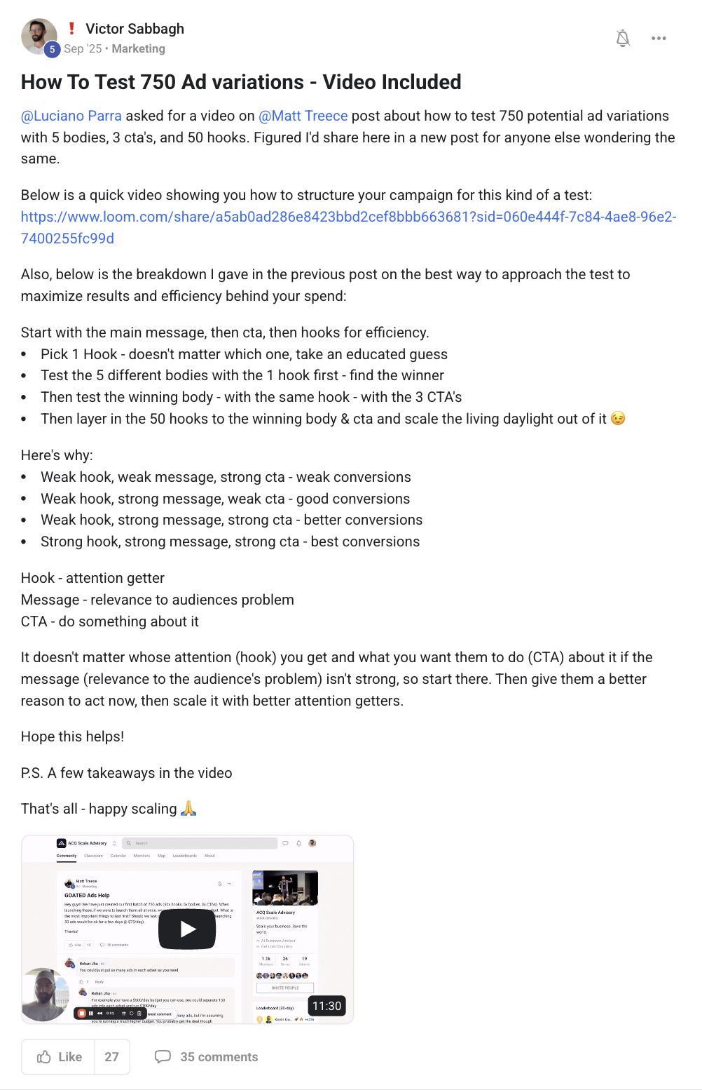 Victor Sabbagh's post in the ACQ Vantage community: How to test 750 ad variations