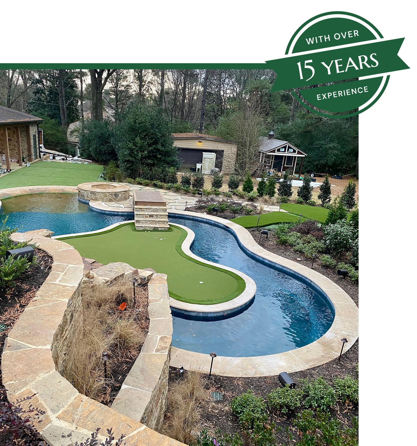 Backyard with a small pool, artificial green grass, lounge chairs, and a circular seating area with heaters.