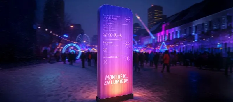 An AI-generated 3D rendering of the Montréal en Lumière direction panel.