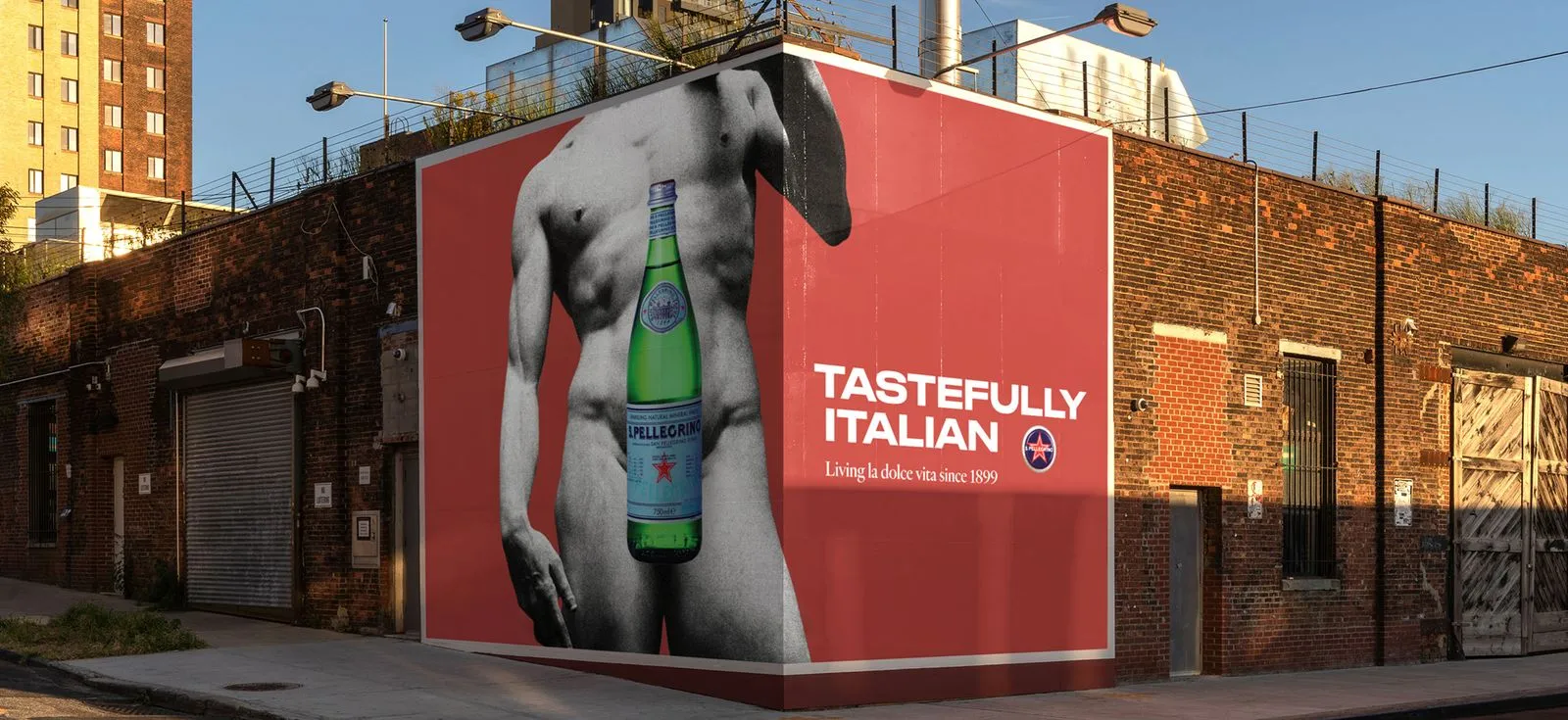 A billboard from the "Tastefully Italian" advertising campaign for San Pellegrino.