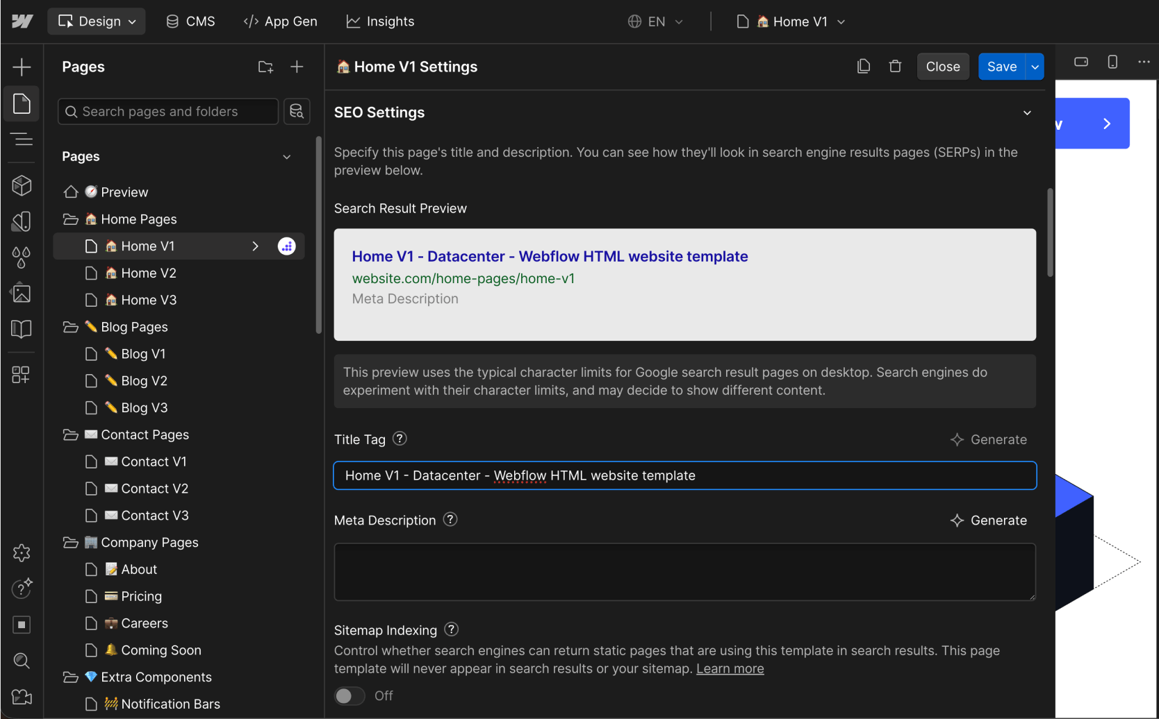 SEO Settings - Datacenter Webflow Template