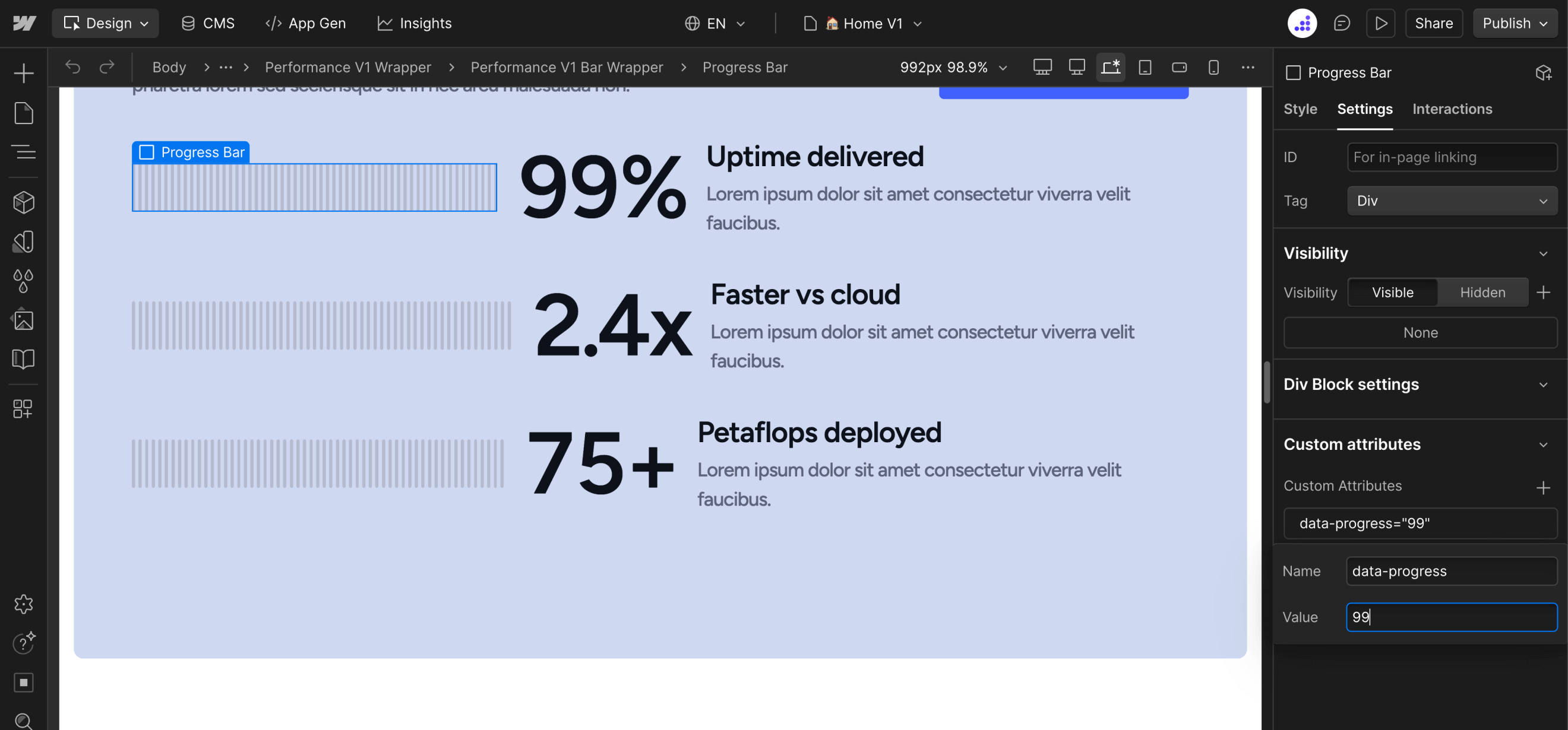 Progress Bar Custom Attributes - Datacenter Webflow Template