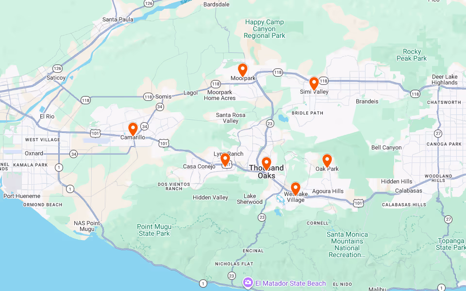 Map of Handyman Service Areas in Ventura County including Simi Valley, Thousand Oaks, Moorpark, Camarillo, Oak Park, Westlake Village, and Newbury Park.