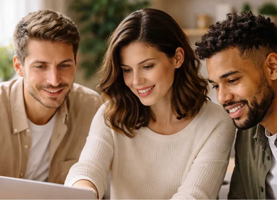 Three adults smiling and looking at a laptop screen together in a bright room.