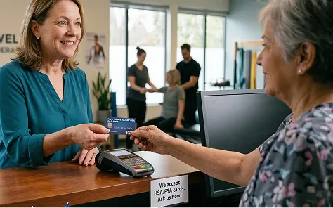 Woman at a reception desk handing an FSA card to a smiling receptionist with a card reader and sign about HSA/FSA acceptance.