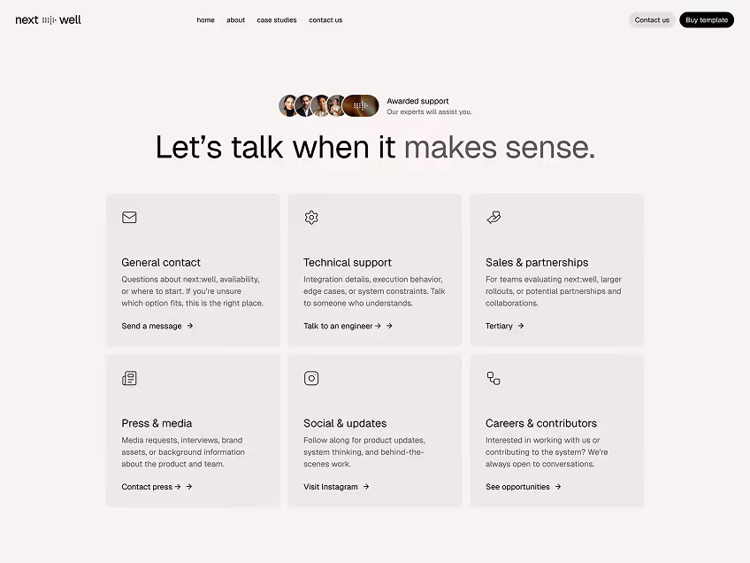 next well website contact page with sections for general contact, technical support, sales & partnerships, press & media, social & updates, and careers & contributors.