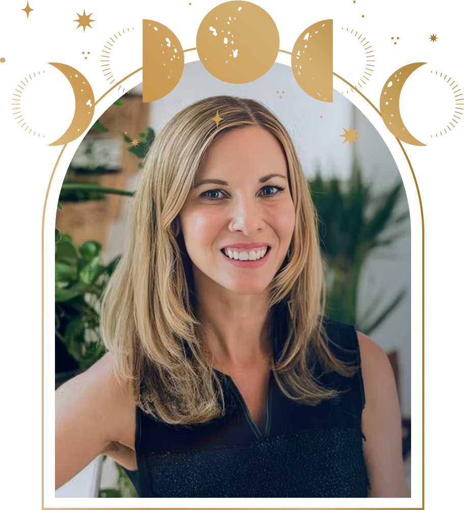 Smiling blonde woman with shoulder-length hair wearing a sleeveless black top, with green plants in the blurred background and golden moon phase illustrations around the top.
