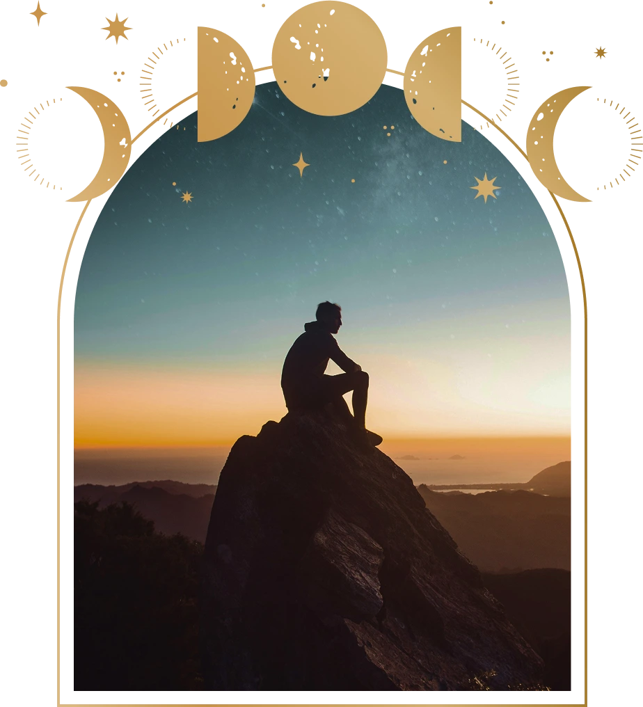 Silhouette of a person sitting on a mountain peak at sunset under a starry sky with golden moon phases and stars above.