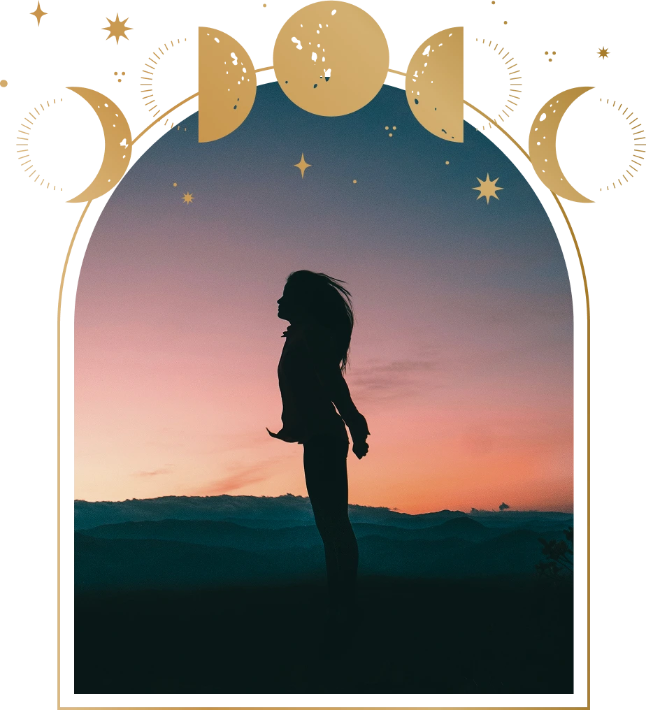 Silhouette of a woman standing with arms behind her against a sunset sky framed by a golden moon phase and star design.