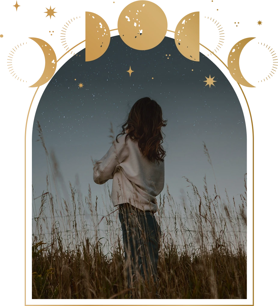 Woman standing in a field of tall grass at dusk, looking at a starry sky framed by golden moon phases and stars illustration.