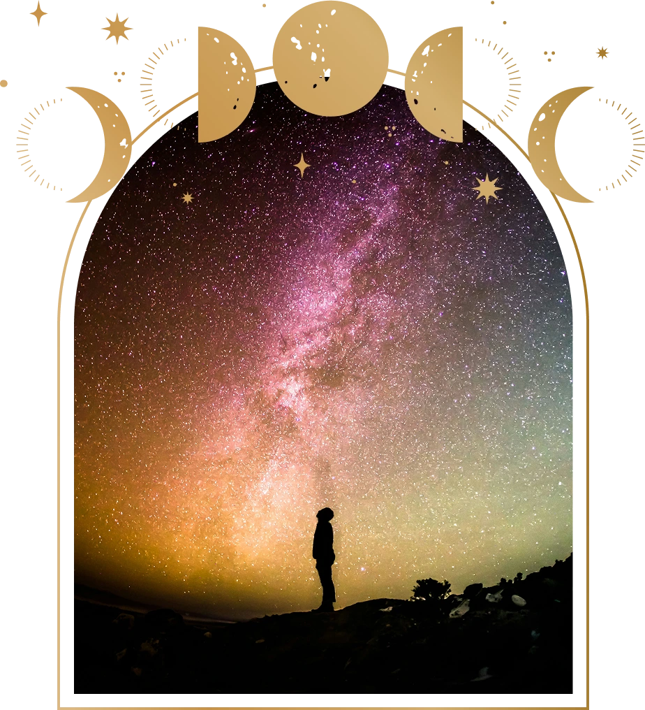 Silhouette of a person standing on a hill under a vibrant starry sky with a visible Milky Way, framed by golden moon phases and stars.