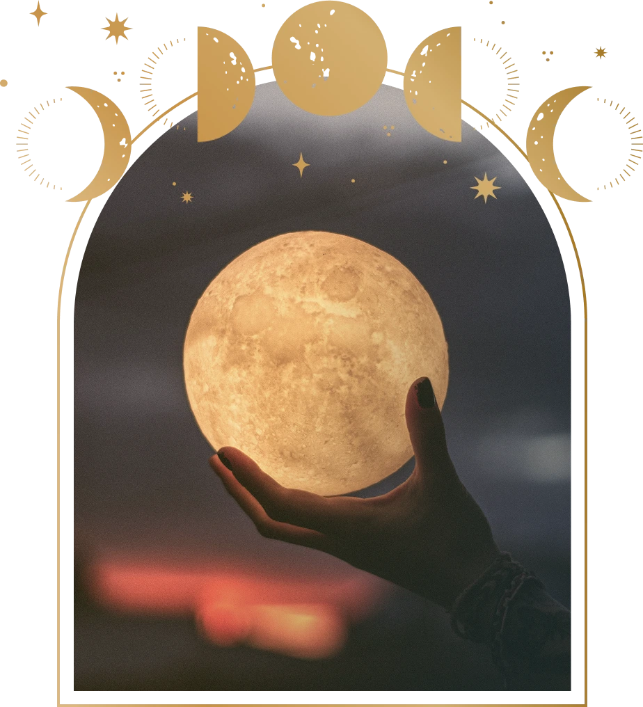 Hand holding a glowing full moon with a dark sky background framed by golden moon phases and stars.