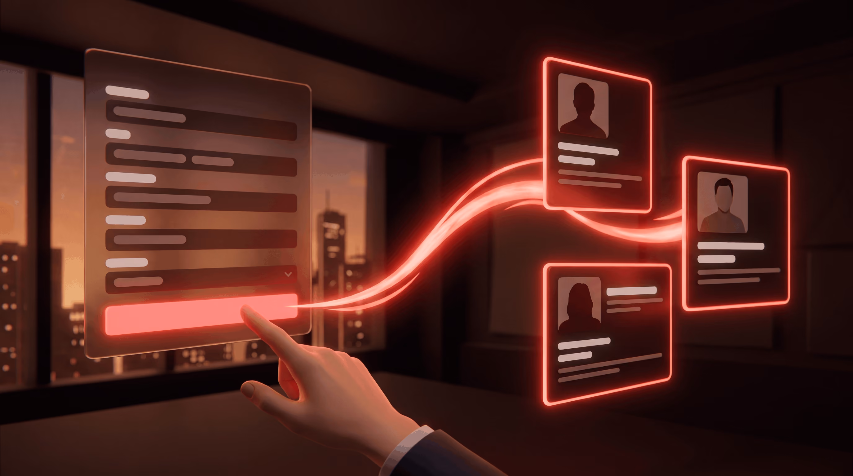 A hand tapping a glowing red submit button on a job application form, with a curved red line connecting it to three glowing candidate profile cards showing silhouetted headshots and details.